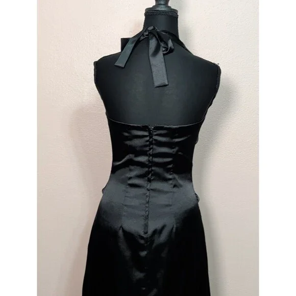 Women's Size Small Black Satin Halter Neck Formal Dress Evening Gown - Picture 4 of 12